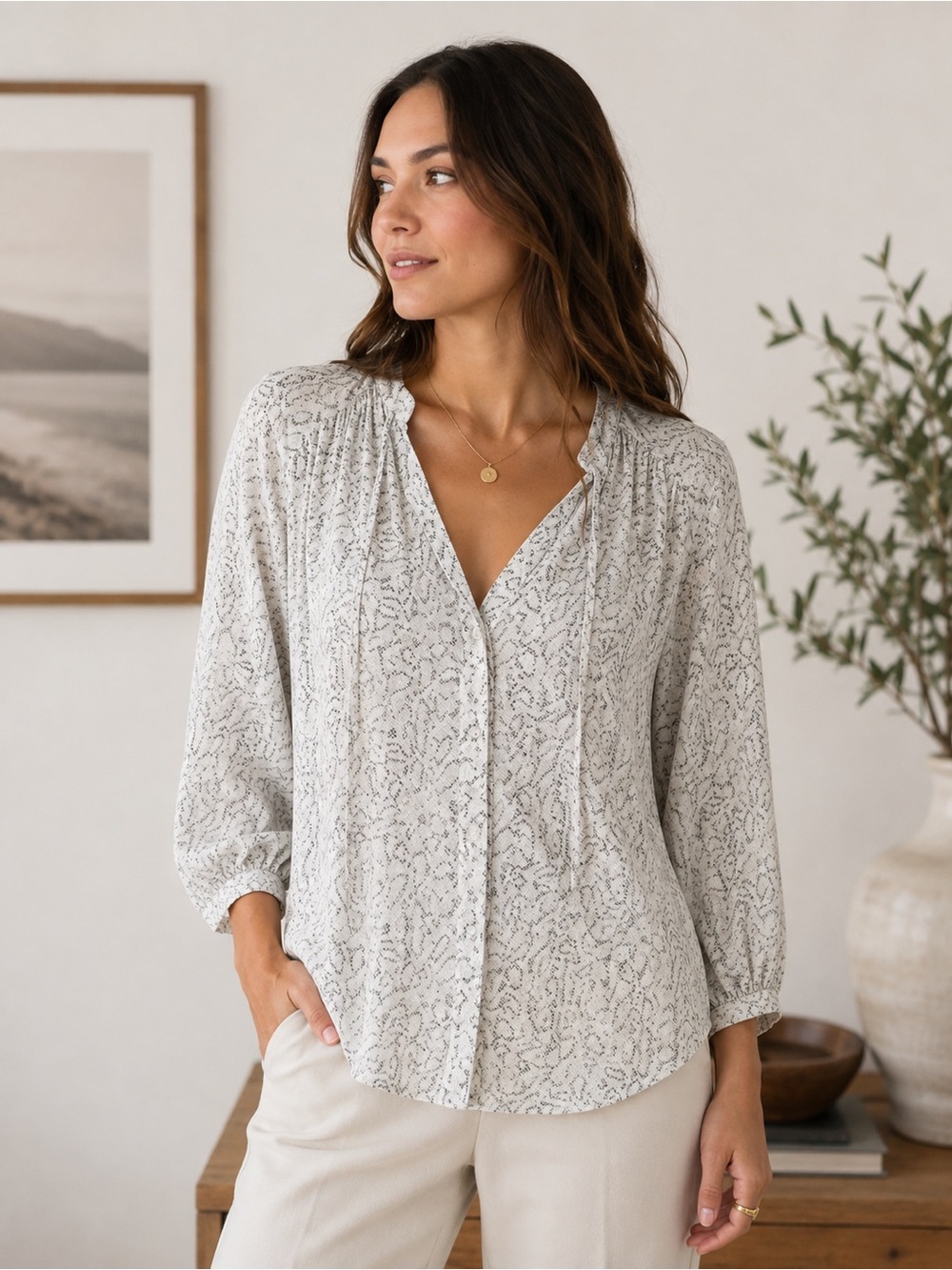 Joie 100% Silk White and Gray Snake-Print Tie-Neck Blouse